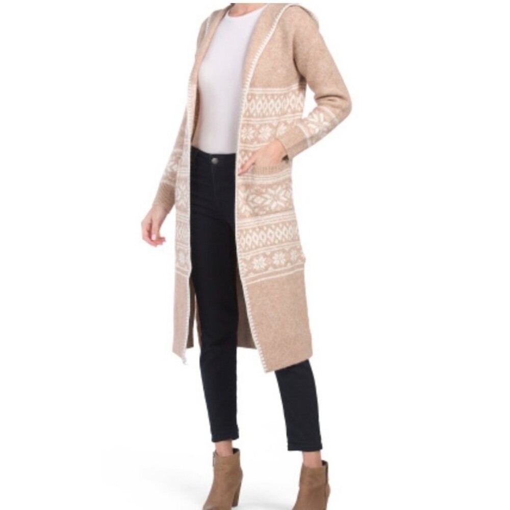 Aspen Cozy Hooded Fair Isle Duster Cardigan with Blanket Stitching Sz Small NWT